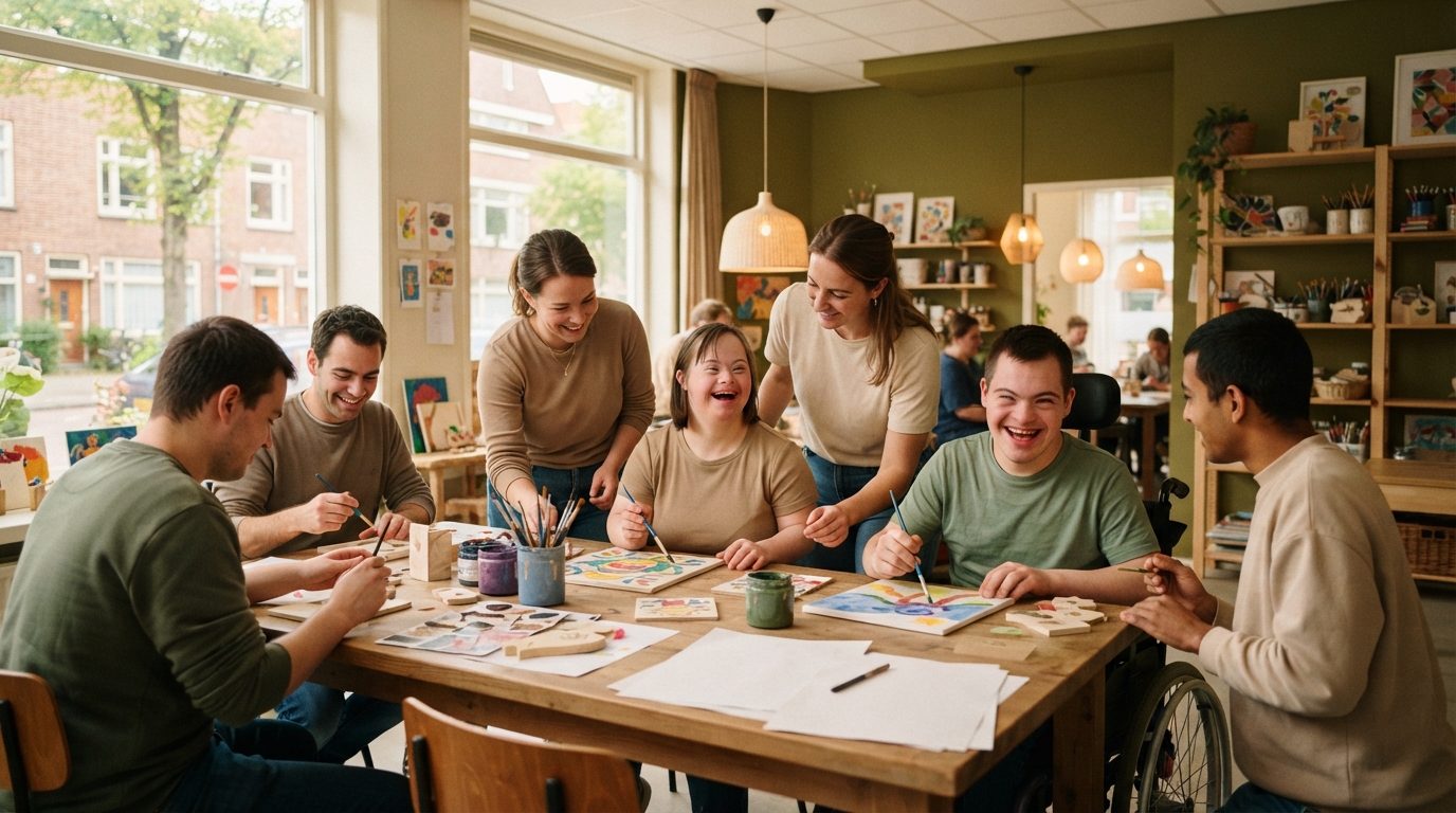 Deelnemers en begeleiders lachen en schilderen samen in het atelier