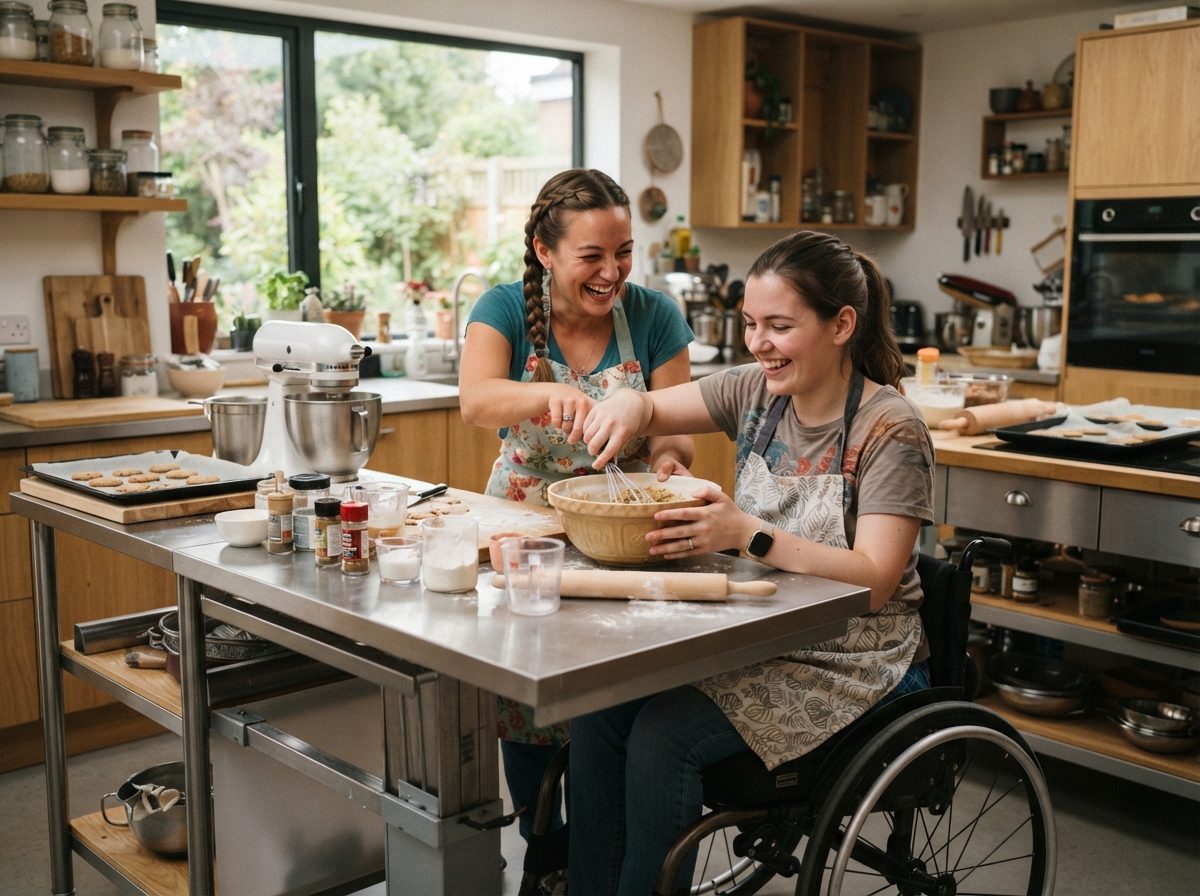 Begeleider en deelnemer lachen samen aan tafel